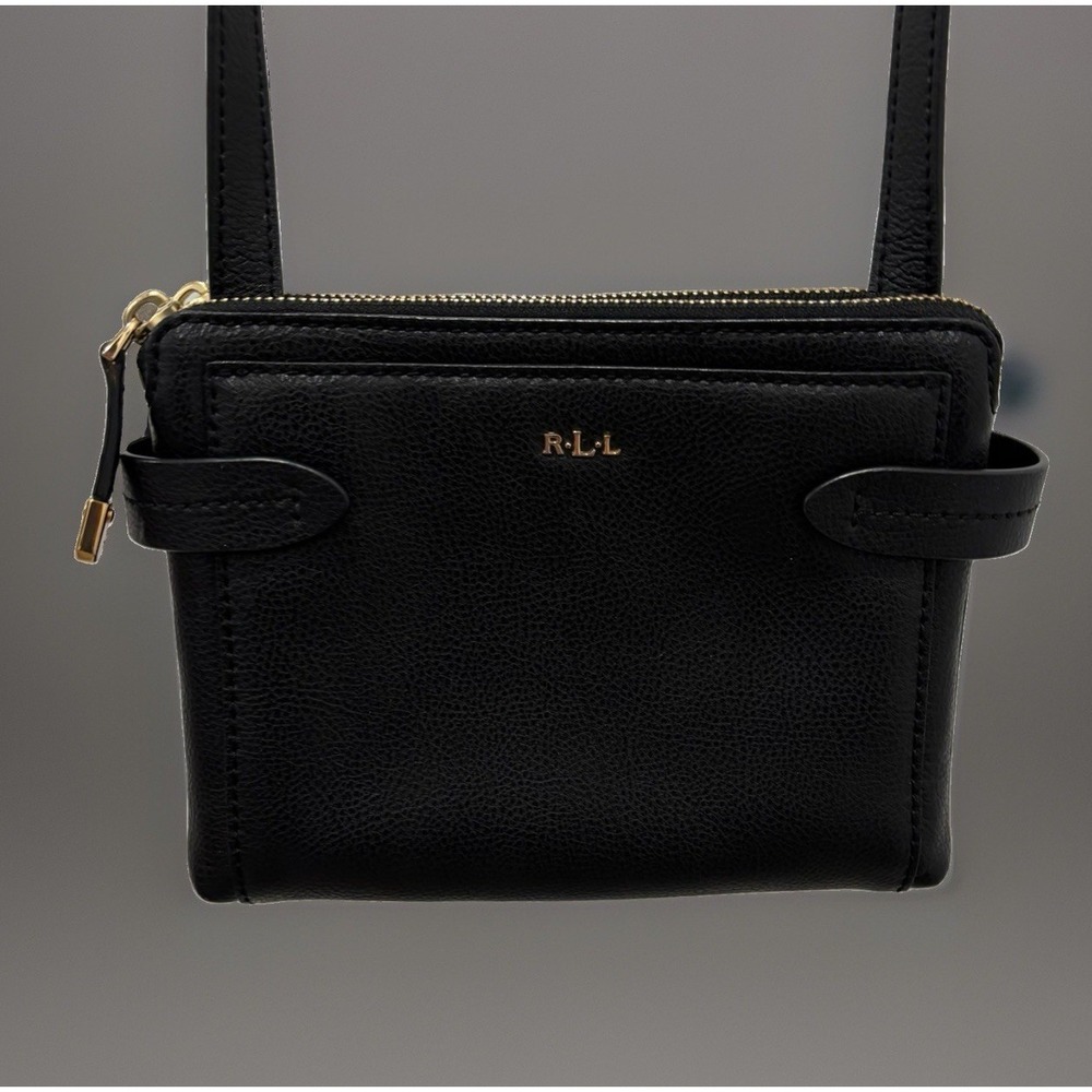 Lauren Ralph Lauren Black Pebbled Leather Crossbody Double Zipper Purse - Picture 3 of 10